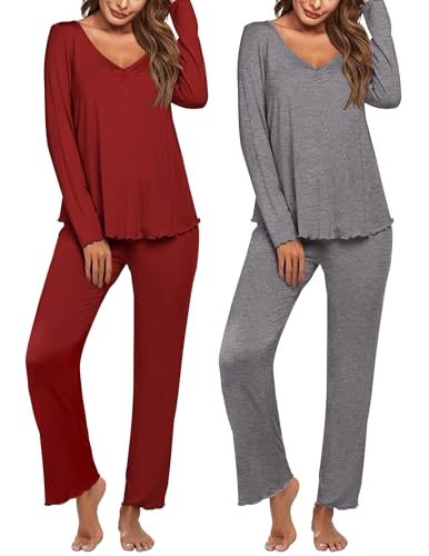 Image of Ekouaer Womens 2 Pack Pajama Set Long Sleeve Pajamas Top and Pants V Neck Pjs Set Soft Sleepwear Loungewear