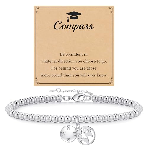 Image of JSJOY Graduation Bracelets Silver Dainty Gold Beaded Compass Bracelets College Graduation Gifts for Her Inspirational Gifts for Women Jewelry