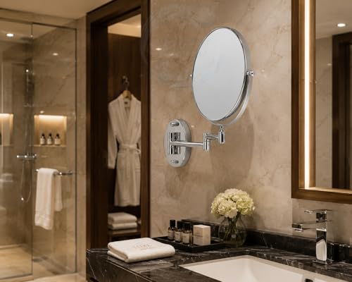 Image of BATH GURU 8 Inch 360 Shaving Mirror | Chrome Finish & 3X Magnification | Mirror for Makeup with Wall Mount Bracket | Shaving & Makeup Mirror for Bathroom & Vanity | 360 Swivel Extendable Arm