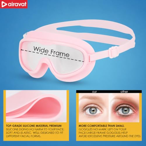 Image of AIRAVAT Macho swimming goggles for Kids Children Teens, polycarbonate goggles, Anti-Fog, Anti-UV, Wide View Swimming Goggles, Free size (Pink)