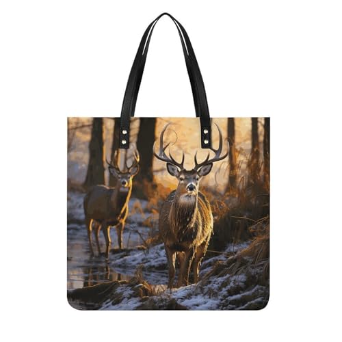 Deers Picture Leather Handbags, Fashion PU Leather Tote Bag, Extra Large Capacity Shoulder Bag, Multi-Pattern Printed Shopper, Reusable Durable Travel Work Bag, for Women Men
