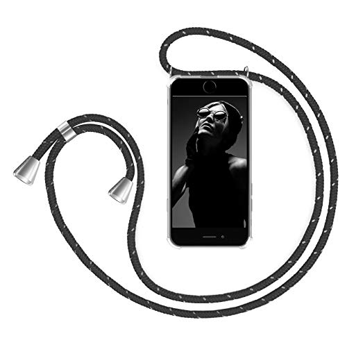 ZhinkArts Handykette kompatibel mit Apple iPhone 7 Plus / 8 Plus - 5,5" Display - Smartphone Necklace Hülle mit Band - Handyhülle Case mit Kette zum umhängen in Schwarz reflektierend Cover
