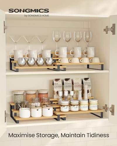 SONGMICS Spice Rack, Set of 2 Cabinet Shelf Organisers, 3-Tier Extendable Spice Holder, Engineered Wood, Stackable, for Pantry, Cupboard, Countertop, Natural Beige and Ink Black KCS016N01 - Image 3