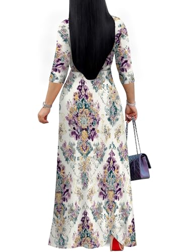 Image of Women's V Neck Floral Maxi Dress 3 /4 Sleeve Plus Size Boho Wrap Flowy Long Dresses with Belt