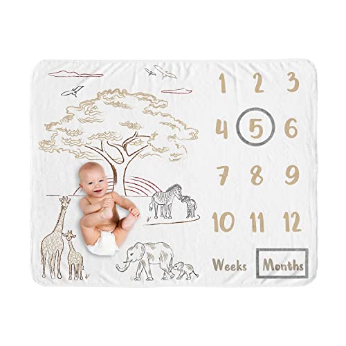 Image of Sweet Jojo Designs Jungle Safari Animals Boy Girl Milestone Blanket Monthly Newborn First Year Growth Mat Baby Shower Memory Gift Picture Taupe Black White Gender Neutral Elephant Wildlife Adventure