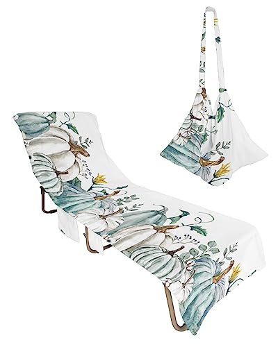 Teal Pumpkins, Beach Lounge Chair Towel Cover, Soft Chaise Lounge Towel with Side Pockets Patio Pool Chairs Cover for Beach/Pool Sunbathing 29x85 Fall Thanksgiving Eucalyptus Leaves Flower Watercolor