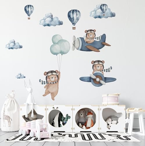 Large Bear & Airplanes Wall Stickers for Kids Bedroom - Bear Hot Air Balloon Wall Decals - Baby Nursery Wall Decals - Plane Wall Sticker for Baby Nursery Playroom Bedroom Girls Boy Room Wall Decor - Image 4