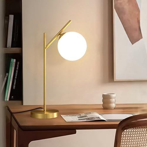 Image of Mid Century Modern Table Lamp, 1 Light Brass Glass Globe Bedside Lamp, Contemporary Metal Table Lamp with Milky White Glass shadefor Bedroom Living Room Study Room