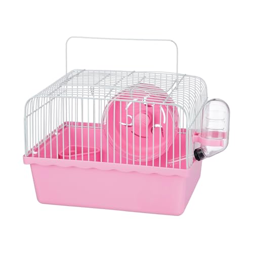 Image of Amazon Basics Hamster, Gerbil, Guinea Pig Cage and Playhouse | Pink | Spacious Plastic Cage for Small Pets | Double Story with Slide, Exercise Wheel and Feeding Bottle | LxWxH- 23x 17x 25 Cm