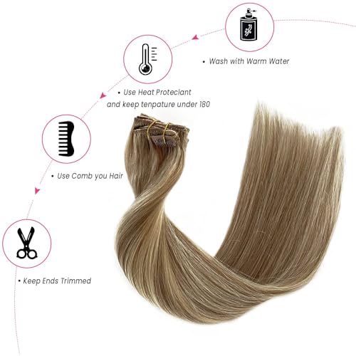 Image of Clip in Hair Extensions Human Hair Light Blonde Mix Golden Blonde Highlights Real Human Hair Extension 12Inch 7pcs 70g Straight Silky Blonde Clip ins for Women