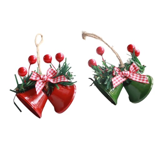 2pcs Christmas Gold Bells, 2.7-inch Metal Golden Jingle Bells with Berry Tree Ornaments, Suitable for Christmas Tree Decorations and Festive Decor. (Red + Green)