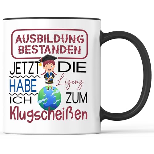Taza con texto en alemán "Ausbildung bestanden Gesellenprüfung Becher Abschluss Geselle Gesellin Prüfung - lustige Geschenk - Kaffeebecher als Geschenkidee - Kaffeasse 330ml - Weiss-Schwarz