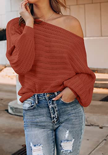 Zesica Women's Fall Casual Long Sleeve Crew Neck Cable Knit Loose Pullover Sweater Jumper Top,Rust,Small #TOP1