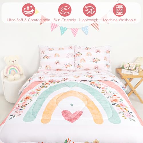 Image of Toddler Bedding Sets Twin Size for Girls, Rainbow Toddler Crib Bedding Set 5 Piece Floral Toddler Comforter Set Includes Flat Top Sheet, Fitted Sheet, Comforter, Envelope Pillowcase, Soft & Comfort