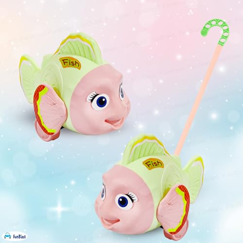 Image of FunBlast Pull Along Fish Toy for Kids - Push & Go Walking Toy, Early Learning Crawling Toys for Toddlers, Colorful Pull Toys for Boys & Girls (Multicolor) (Green)