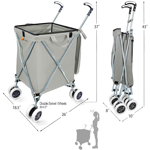 Wellmax WM99100 Series Folding Shopping Cart with Wheels, Grocery Cart with Removable Canvas with Cover, Lightweight Utility Cart for Groceries and Laundry - Holds up to 120 lbs (Gray)