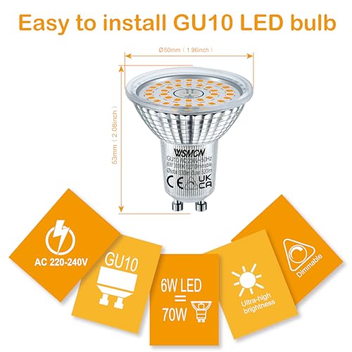WSMCN GU10 LED Bulbs Dimmable 6W, Warm White 3000K 520LM, 70W PAR16 Halogen Equivalent, Beam Angle 120° - Image 4