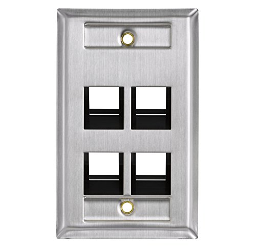 Leviton 4-Port Angled Stainless Steel QuickPort Single Gang Wallplate with ID Windows, 43081-1L4, White
