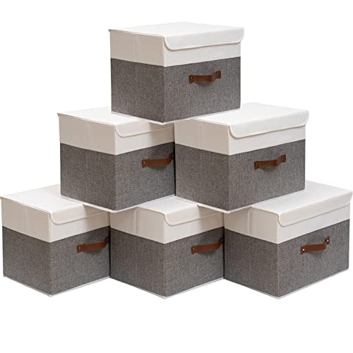 Outbros Large Collapsible Storage Box With Lid, Linen Fabric Clothing Shelf Basket Bins Toy Box For Towels, Books, Clothes 13 X 9.1 X 7.9 Inch (White/Grey, 6-Pack) #TOP29