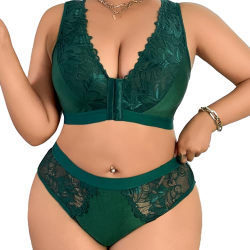 Women's Plus Size 2 Piece Lingerie Set Sexy Sheer Bralatte 3/4 Cup Bra Panty Sets Super Stretchy Lace Underwired