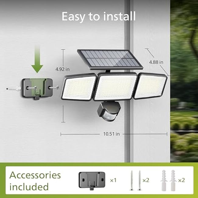 Philips Solar Security Light Outdoor 302 LED 1200lm£¬Solar-Powered Waterproof Wall-Mounted Flood Light w/PIR Motion Sensor, 3 Heads, IP65 Waterproof, 3 Modes (2 Packs)