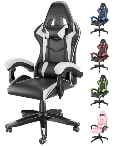 Racingreat Sedia Gaming,Sedia da Gioco Sedia da Ufficio, Poggiatesta e Cuscino Lombare, Ergonomica In Pelle PU Sedia Da Computer Per Gamer Ufficio Casa Adulto Adolescente-Bianco, Taglia unica