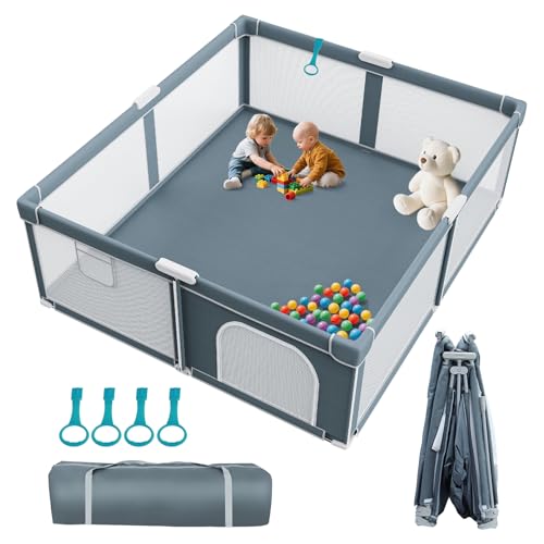 Image of Foldable Baby Playpen - 71"×79" Collapsible Play Pen for Babies and Toddlers - Indoor Outdoor Travel Playpen - Sturdy with Mesh View Portable Play Yard - Folding Play Pen with 4 Handles and Carry Bag
