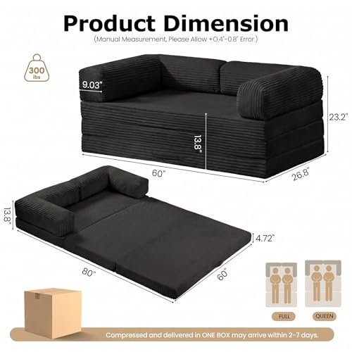 Image of Convertible Sofa Bed, Tri-Fold Foldable Mattress with Removable Arms & Washable Cover, Portable Mattress Futon Sofa Bed, No Assembly Required & Non-Slip, Queen Size, Black