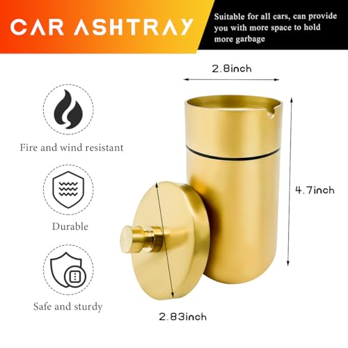 Image of DXNQ Car Ashtray with Lid, Windproof Smokeless Stainless Steel Ash Tray Butt Bucket, Detachable Self Extinguished Ashtray for Car Cup Holder Home Office Travel, Car Accessories (Golden)