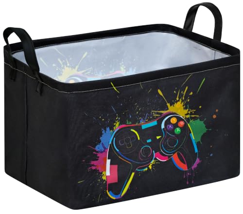 Image of Rectangular Game Basket For Boys Kids Storage Bin Toy Room Decor | Foldable Storage Waterproof Canvas Toy Box Gift Baskets For Boys Laundry Kiks Basket With Handles Gamer room decor prize bin
