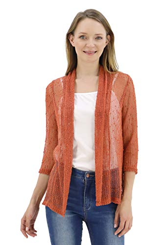 BENANCY Women's 3/4 Sleeve Lightweight Mesh Crochet Short Shrug Cardigan Rust M