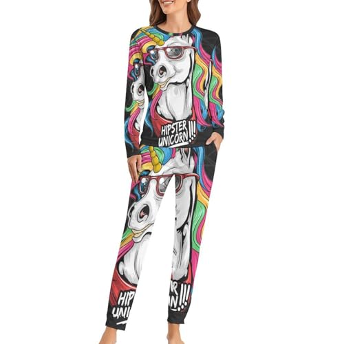 Pyjama femme licorne hipster en coton avec t-shirt manches longues et pantalon de nuit