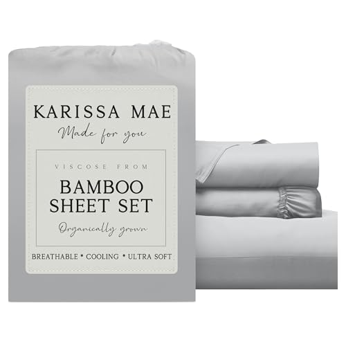 Image of KARISSA MAE Luxury Bamboo Viscose Twin Size Sheet Set | FSC Certified | Cooling | Ultra Soft | 18 inch Deep Pockets | Elastic Corner Straps | Includes Organizer Band [Grey Mist]