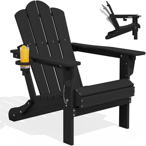 KINGYES Adjustable Folding Adirondack Chair, 3-Position Reclining Adirondack Chairs with Cup Holder, HDPE All-Weather Oversized Adirondack for Outdoor, Patio, Backyard Deck, Fire Pit, Black