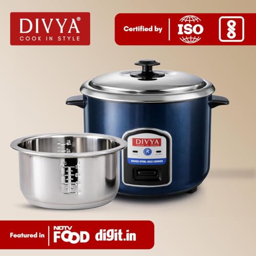 Image of Divya Stainless Steel 1.8L Electric Rice Cooker with Extra Pot | Indigo Steel Body Electric Rice Cooker with Steaming Feature (Double Steel Pot)