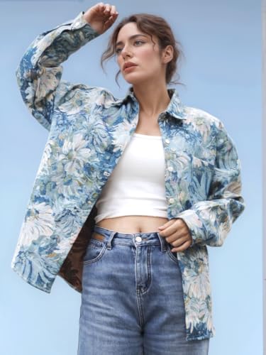 Casual Floral Shacket Cute Flower Pattern Jacquard Loose Shirt denim Canvas Jacket Button Coat Fancy Tops2