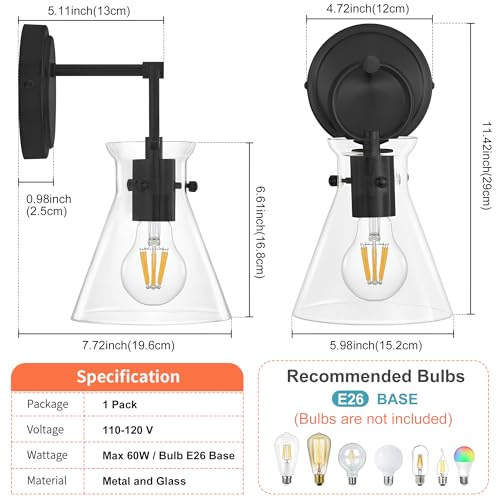 Image of Wall Sconce for Bathroom Modern Vanity Light Fixtures Hardwired Wall Mount Lighting Lamp Farmhouse Wall Lights with 6 inch Clear Glass Shade for Bedroom Living Room Mirror Kitchen (Black, 1 Pack)