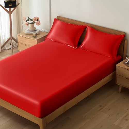 VACVELT 3-Piece Satin Fitted Sheet Set King Size, Red Bottom Bed Sheet with 2 Pillowcases, Similar to Silk Sheets, Luxury & Silky Bedding Set, 15 Inch Deep Pocket
