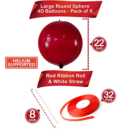 Image of KatchOn, Big Metallic Ruby Red Balloons - 22 Inch, Pack of 6 | Round 4D Mylar Balloon for Valentines Day Decorations | Valentines Balloons for Galentines Decorations | Red Party Decoration, Birthday