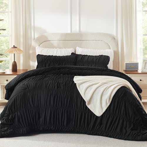 Image of Andency Ruched Black King Size Comforter Set, Shabby Chic Pleated Bedding Sets 3 Pieces, Lightweight Soft Boho Ruffle Bed Set for Girls, Kids, Women, All Season