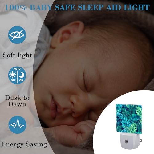 Image of Night Light Plug into Wall Turquoise and Green Tropical Leaves Night Light with Dusk to Dawn Sensor Night Light for Kid Girls Boys Women Room Decor,Hallway,Kitchen,Bathroom,Nursery,Stairs