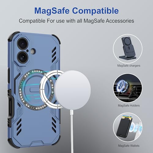 Image of amazon basics Back Case Cover for iPhone 16 | Magnetic Case with Built-in Metal Ring | Supports Mag-Safe Charger, Wallet & Car Mount | Shockproof Hybrid PC + TPU | Blue