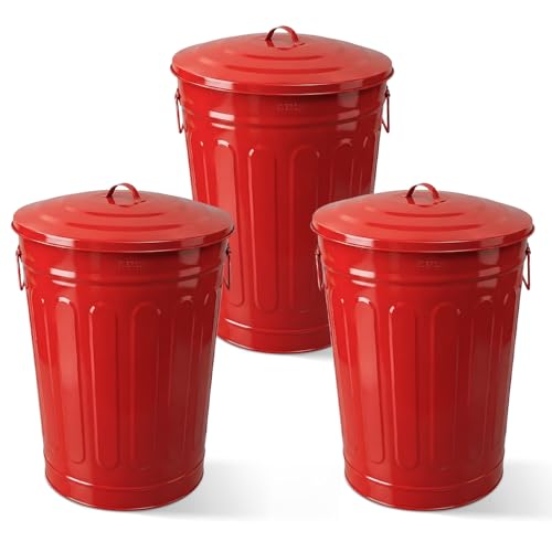 Image of Plexon Metal Trash Can with Lid 13 Gallon, Decorative Outdoor Trash Can Heavy Duty Galvanized Metal Bucket with Lid for Garage Workshop Storage Farmhouse, Red 3 Pack