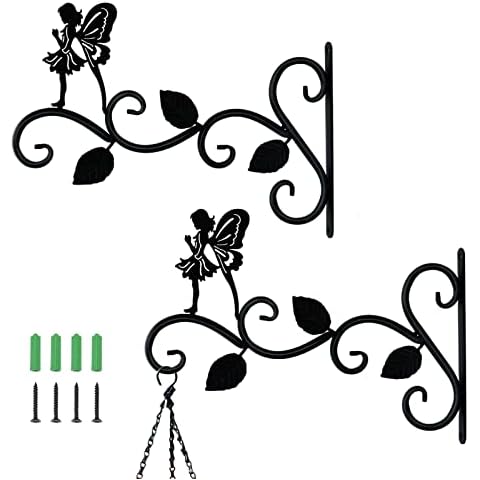JIALAI HOME Hanging Plants Bracket 12" Angel Planter Outdoor Hooks Hangers for Flower Baskets Pot Bird Feeder Wind Chimes Lanterns Patio Garden Outdoor Indoor Metal Black, 2 Pack Cover