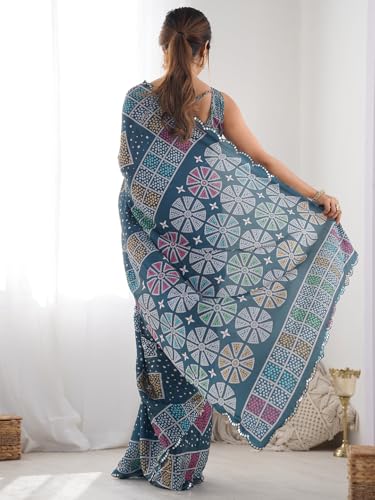 Image of Panzora Women's Chinon Printed Saree With Unstitched Blouse Piece