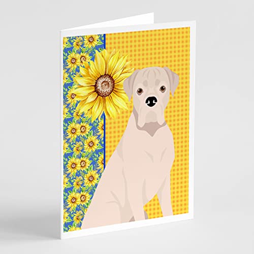 Caroline's Treasures WDK5341GCA7P Summer Sunflowers Natural Eared White Boxer Greeting Cards and Envelopes Pack of 8 Blank Cards with Envelopes Whimsical A7 Size 5x7 Blank Note Cards
