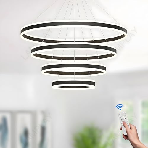 LAMPLAY Round LED Modern Pendant Light, 4 Black Ring Chandelier, Dimmable with Remote Control 3000K-6000K Ceiling Light, Height Adjustable, Foyer Living Room Bedroom Kitchen Island (Ø20+40+60+80cm)
