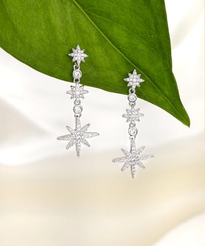 TIGRADE Wedding Earrings for Brides Bridesmaids Silver Star Hexagonal Snowflakes Dangling Cubic Zirconia 925 Sterling Silver Post Earrings for Women Prom3