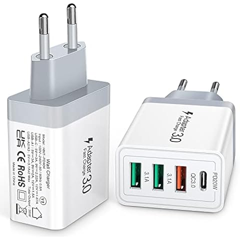 2 Stück USB Ladegerät,Insgesamt 35W USB C schnellladegerät PD 3.0 + QC 3.0, 4-Port Multi USB Netzteil, kompatibel mit Samsung Galaxy S22, S21, Note 10 9, S10, iPhone 12 11 Pro Max Cover