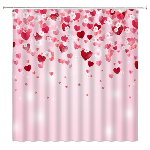 Amfd Valentine'S Day Shower Curtain Red Heart Pink Floral Romantice Sweet Couple Fabric Bathroom Curtain Set With Hooks thumb #1